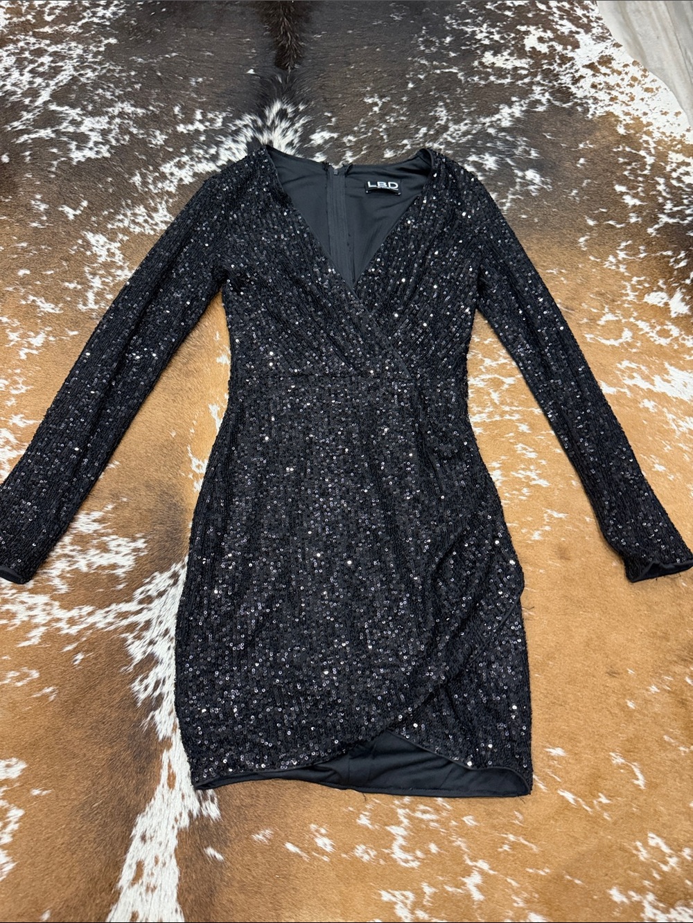Black Sequin Wrap-Front Long Sleeve Dress